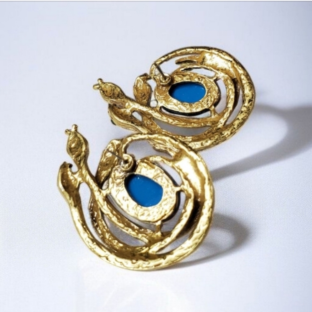Chunky Gold Triple Coiled Snake Cabochon Crystal Earrings - Picture 4 of 4